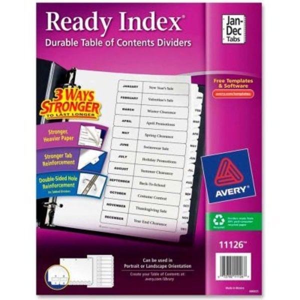 Avery Dennison Avery T.O.C. Divider, Printed Jan to Dec, 8.5"x11", 12 Tabs, White/White 11126